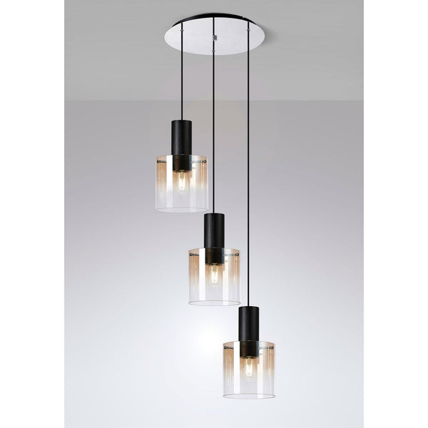 Belstone Triple Round Pendant in Black & Chrome with Amber Fade Glass