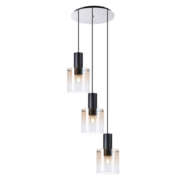 Belstone Triple Round Pendant in Black & Chrome with Amber Fade Glass