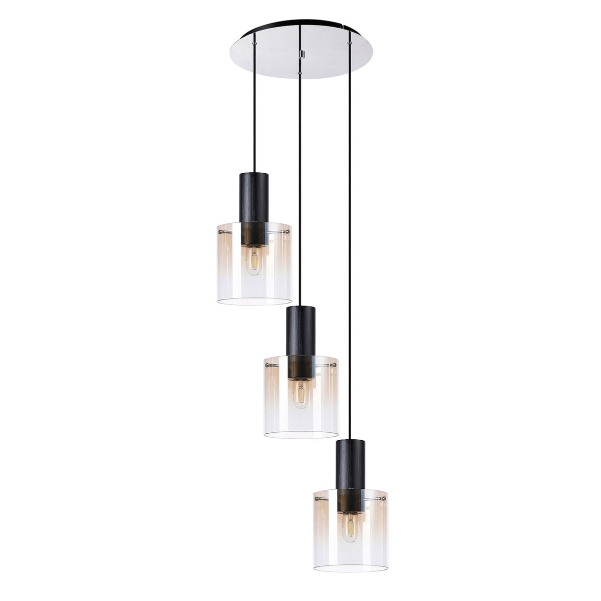 Belstone Triple Round Pendant in Black & Chrome with Amber Fade Glass