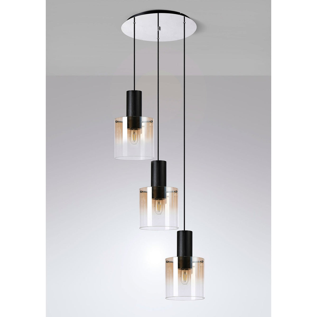 Belstone Triple Round Pendant in Black & Chrome with Amber Fade Glass