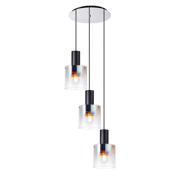 Belstone Triple Round Pendant in Black & Chrome with Iridescent Fade Glass