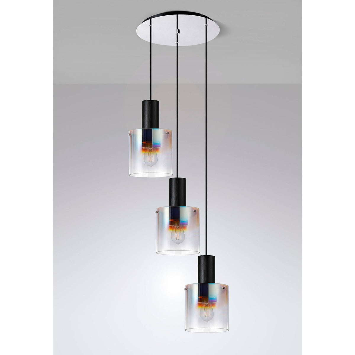 Belstone Triple Round Pendant in Black & Chrome with Iridescent Fade Glass