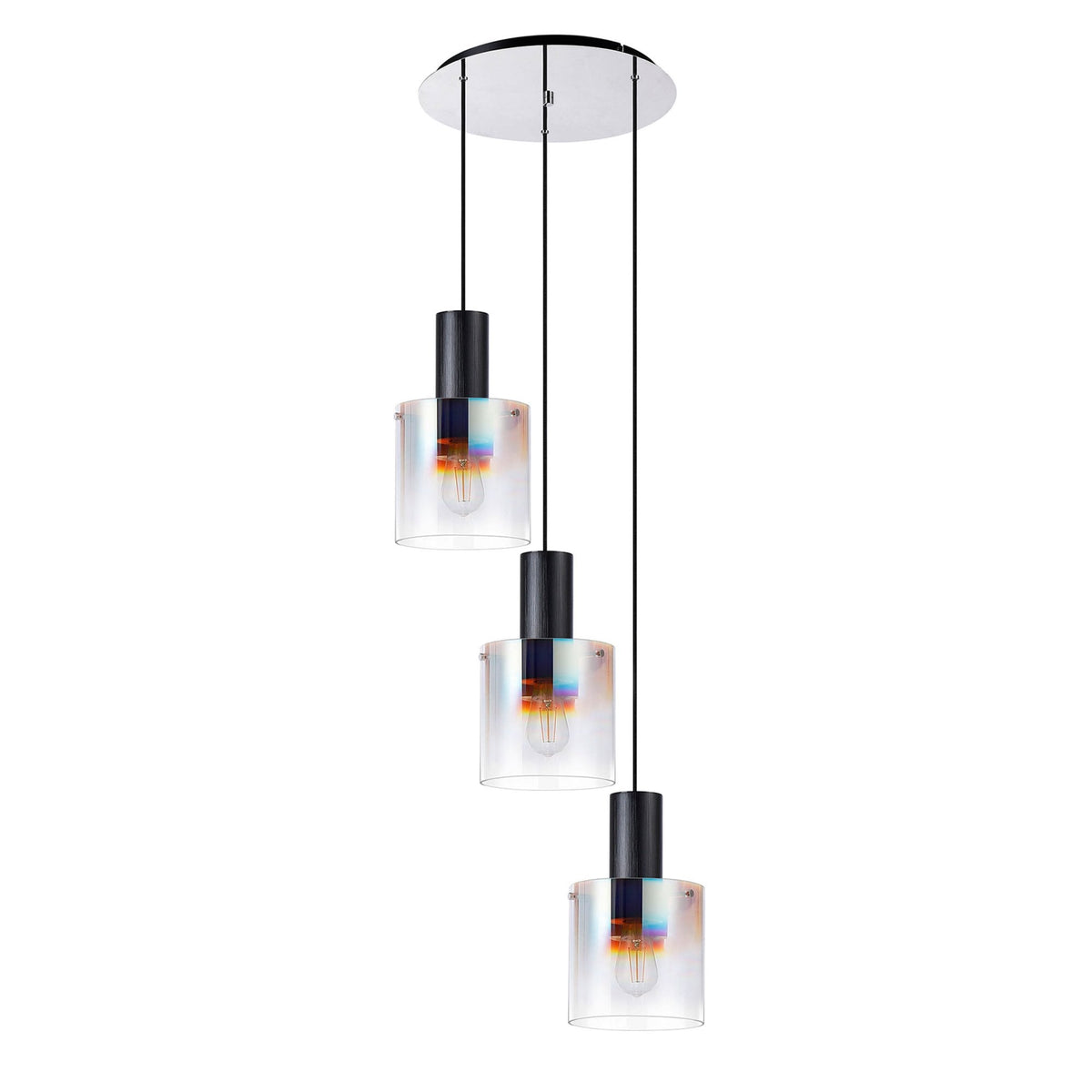 Belstone Triple Round Pendant in Black & Chrome with Iridescent Fade Glass
