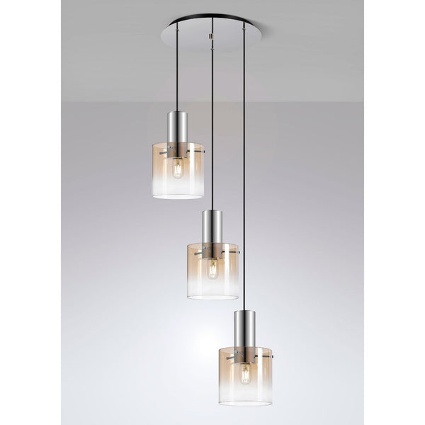 Belstone Triple Round Pendant in Polished Nickel & Black with Amber Fade Glass