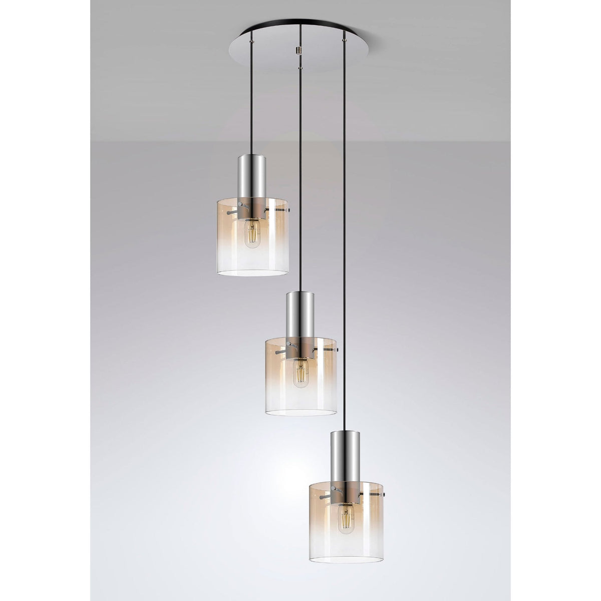 Belstone Triple Round Pendant in Polished Nickel & Black with Amber Fade Glass