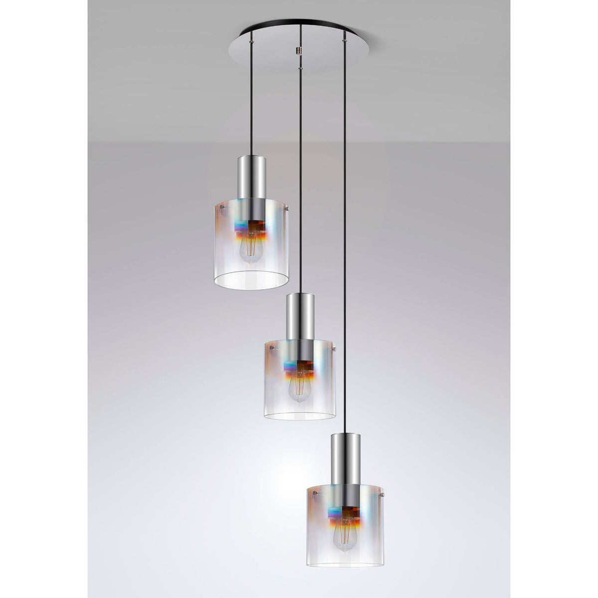 Belstone Triple Round Pendant in Polished Nickel & Black with Iridescent Fade Glass