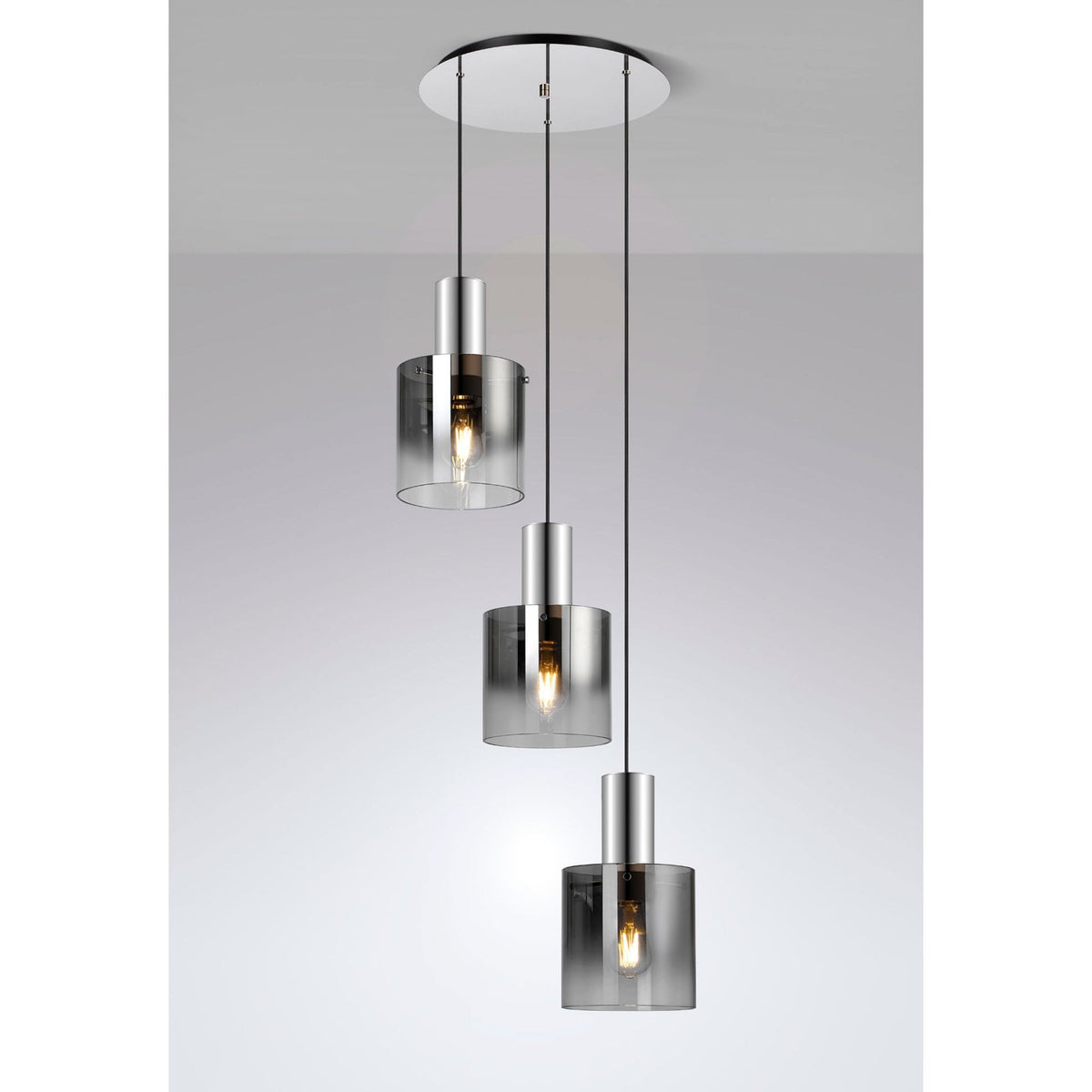 Belstone Triple Round Pendant in Polished Nickel & Black with Smoke Fade Glass