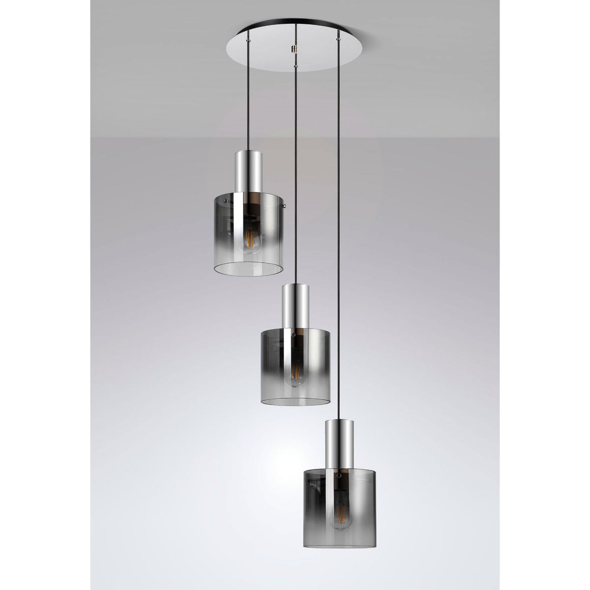 Belstone Triple Round Pendant in Polished Nickel & Black with Smoke Fade Glass