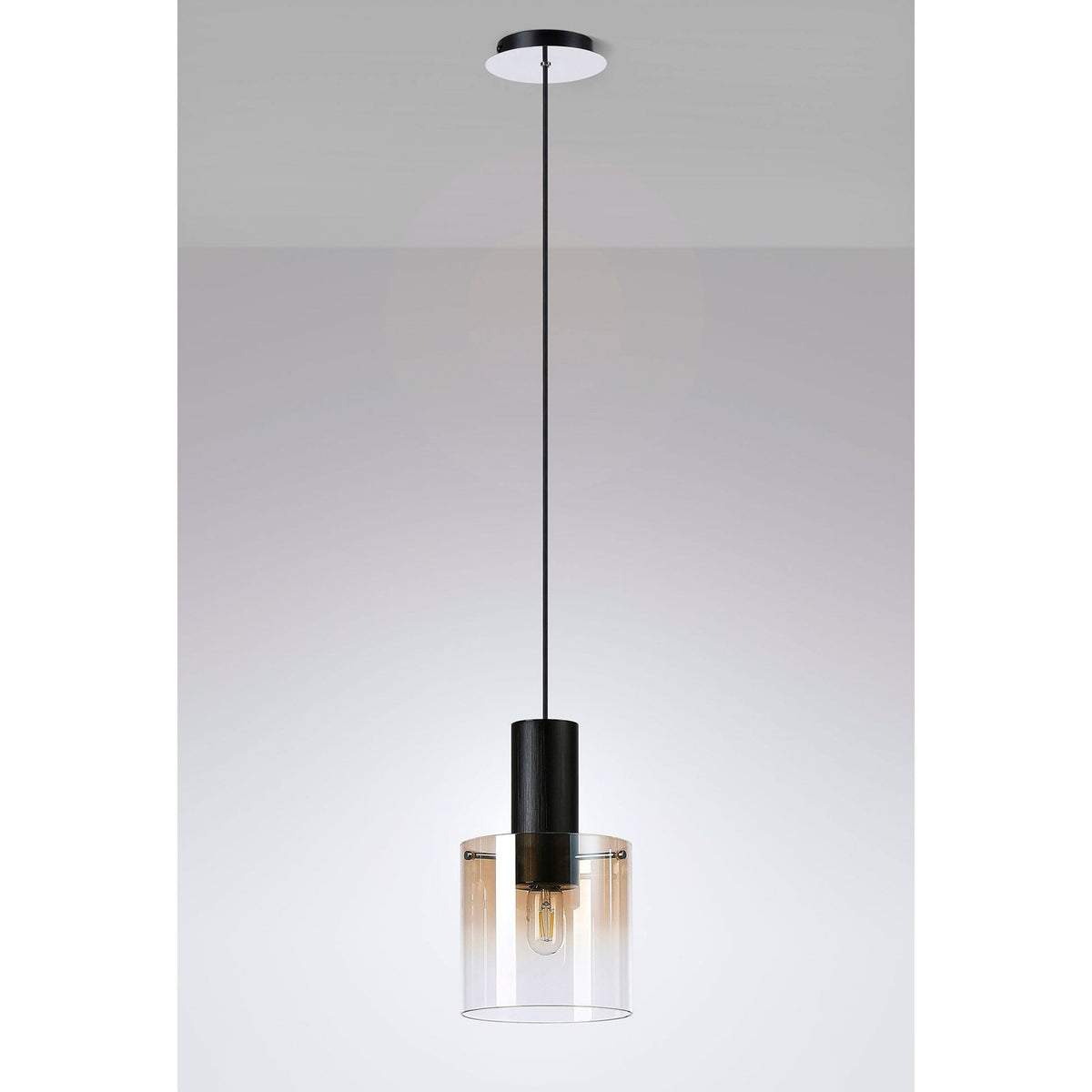 Belstone Single Drop Pendant in Black & Chrome with Amber Fade Glass