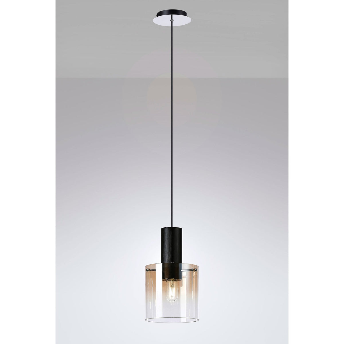 Belstone Single Drop Pendant in Black & Chrome with Amber Fade Glass