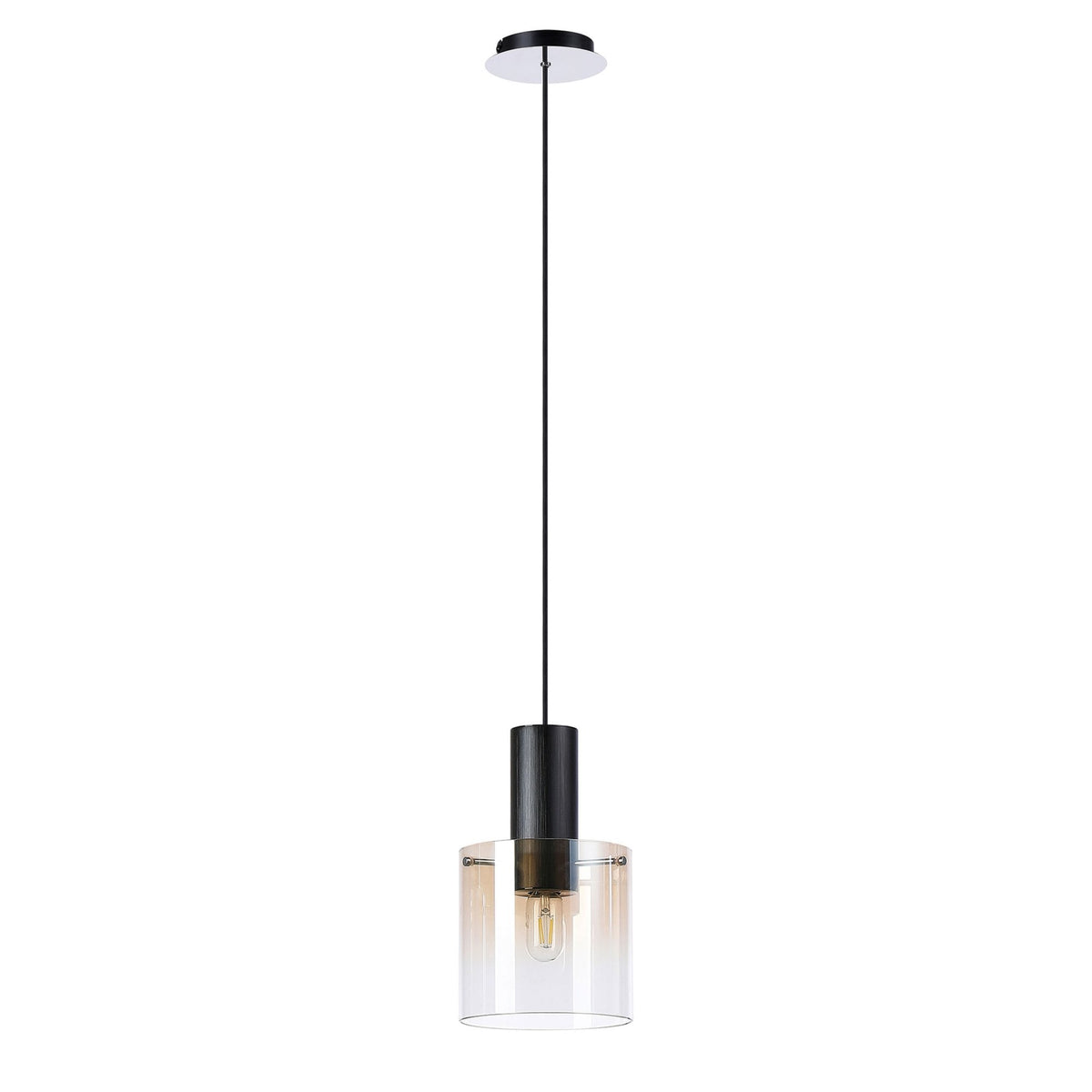 Belstone Single Drop Pendant in Black & Chrome with Amber Fade Glass