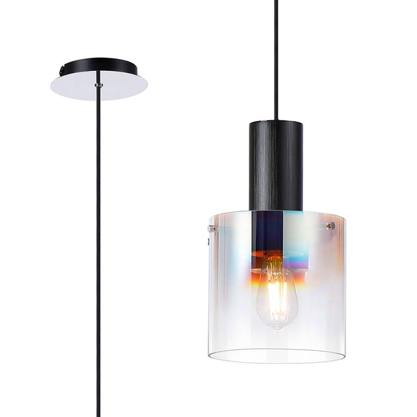 Belstone Single Drop Pendant in Black & Chrome with Iridescent Fade Glass
