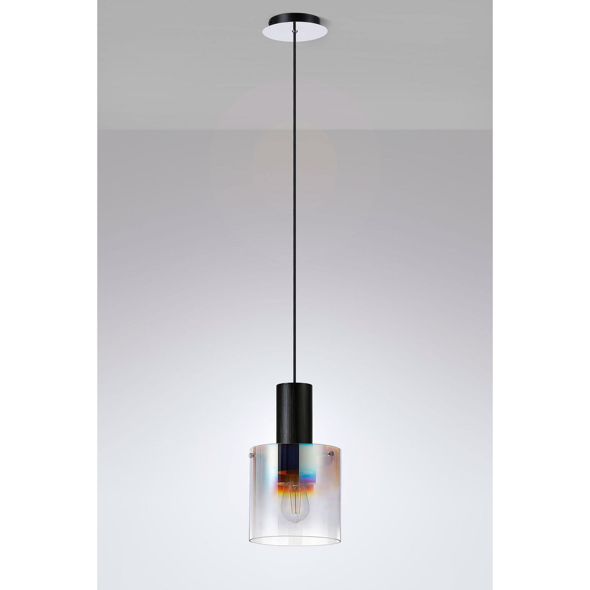Belstone Single Drop Pendant in Black & Chrome with Iridescent Fade Glass