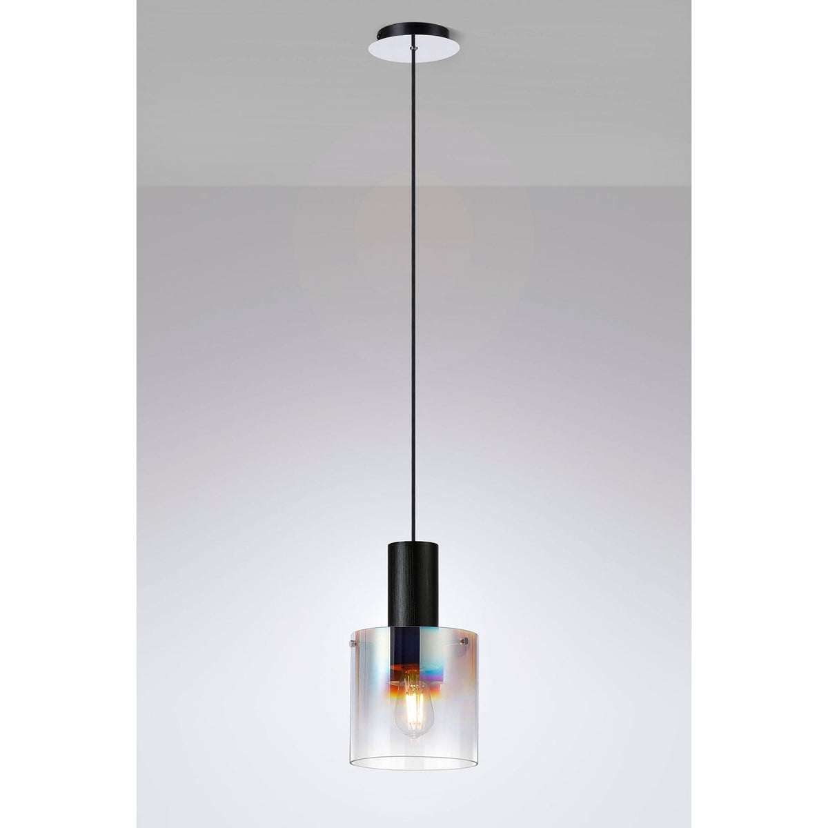 Belstone Single Drop Pendant in Black & Chrome with Iridescent Fade Glass
