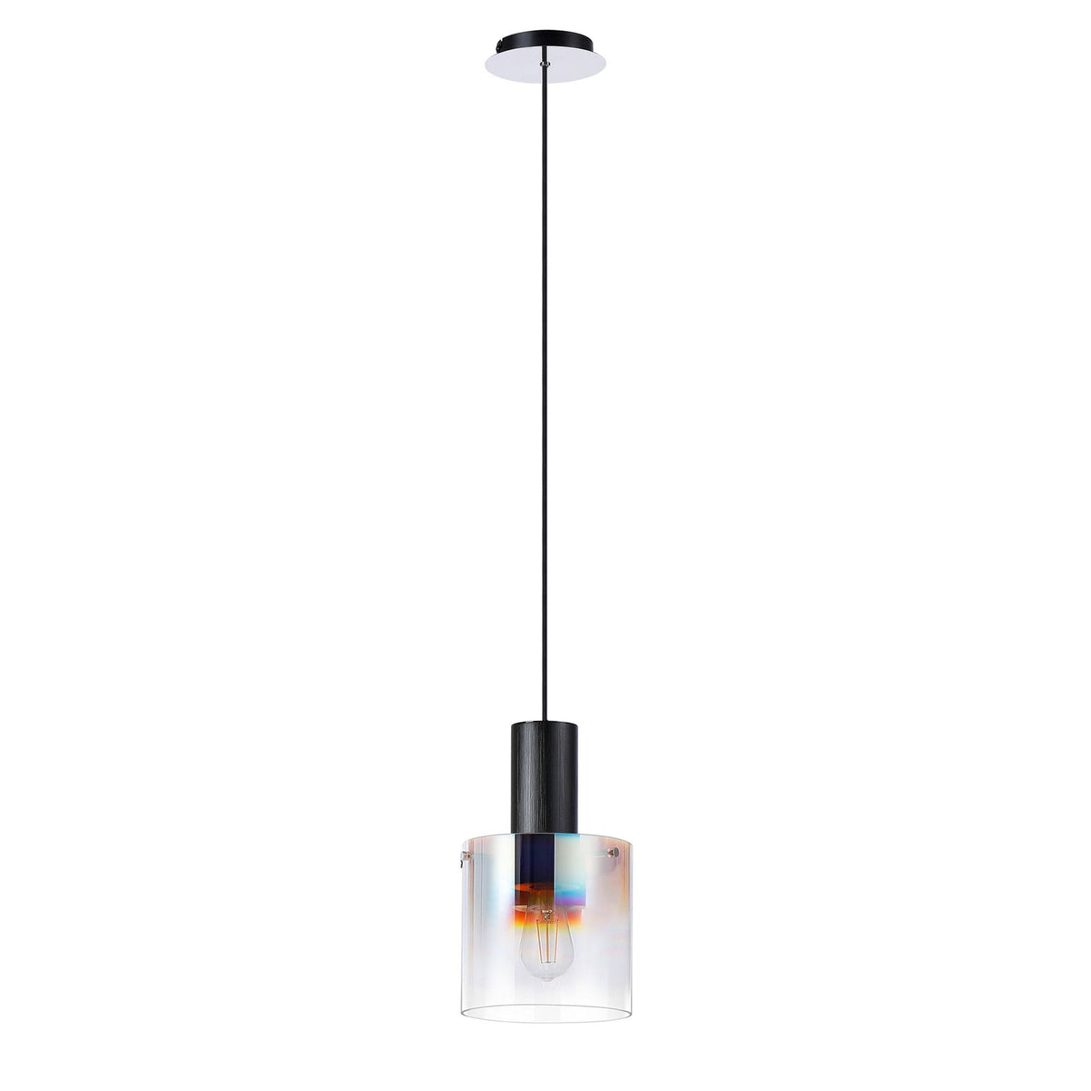 Belstone Single Drop Pendant in Black & Chrome with Iridescent Fade Glass