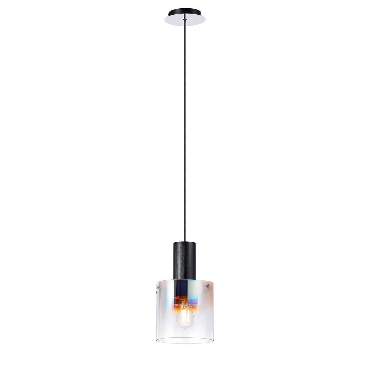 Belstone Single Drop Pendant in Black & Chrome with Iridescent Fade Glass