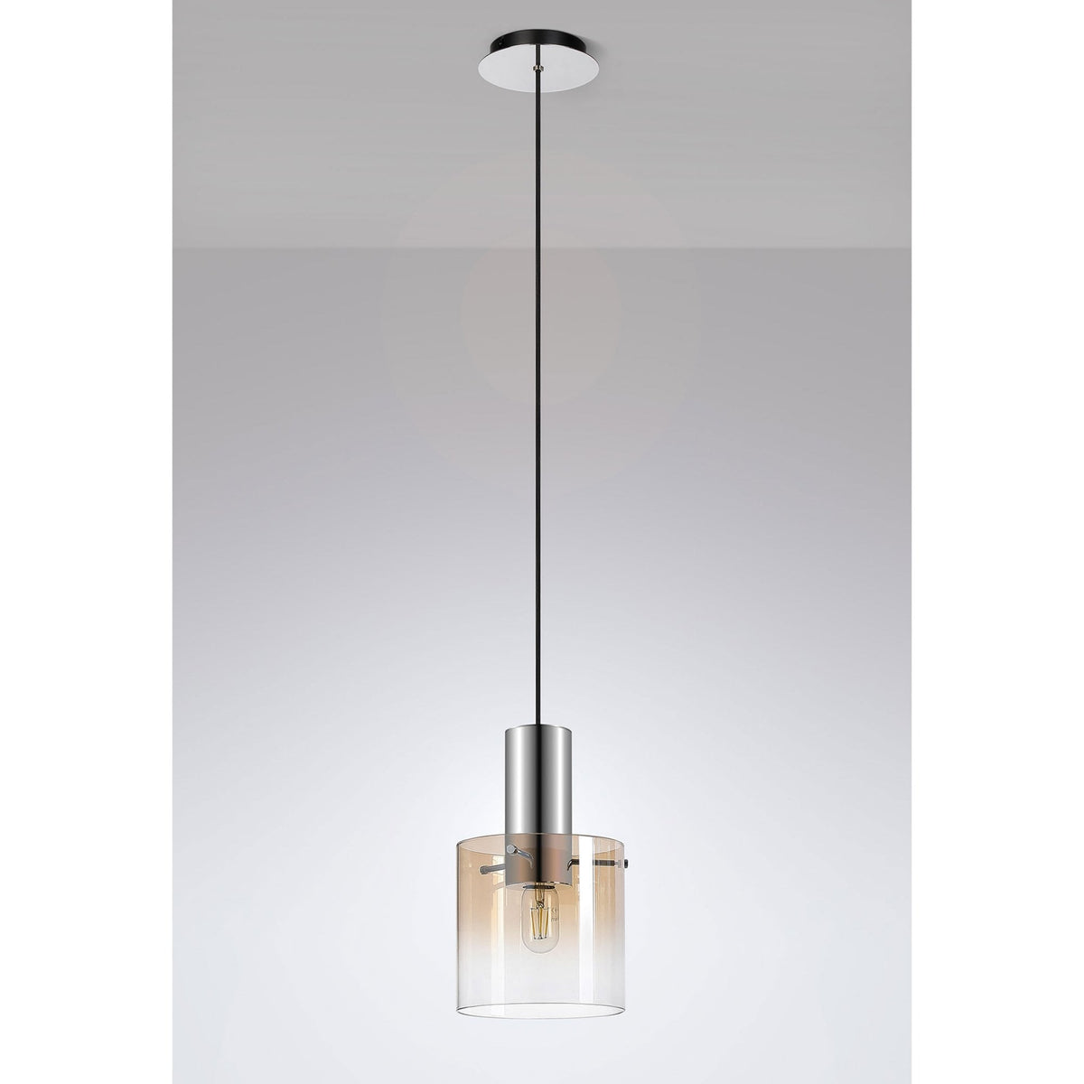 Belstone Single Drop Pendant in Polished Nickel & Black with Amber Fade Glass
