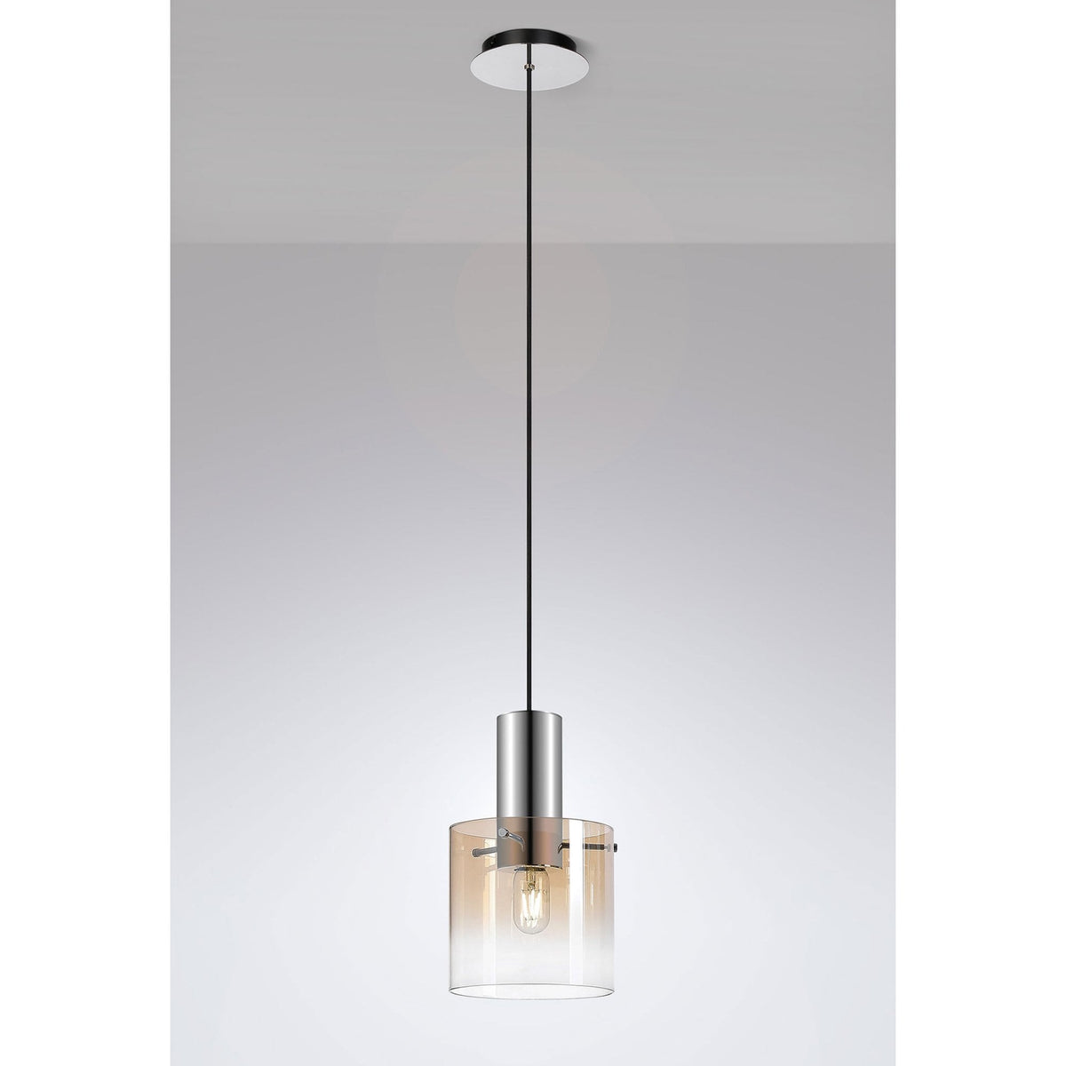 Belstone Single Drop Pendant in Polished Nickel & Black with Amber Fade Glass