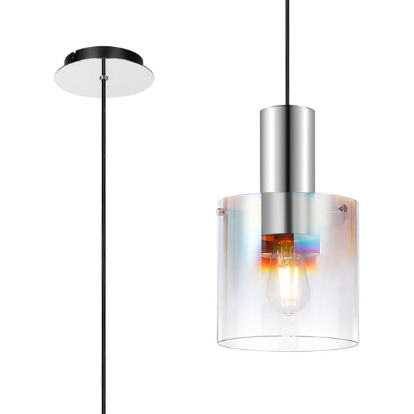 Belstone Single Drop Pendant in Polished Nickel & Black with Iridescent Fade Glass