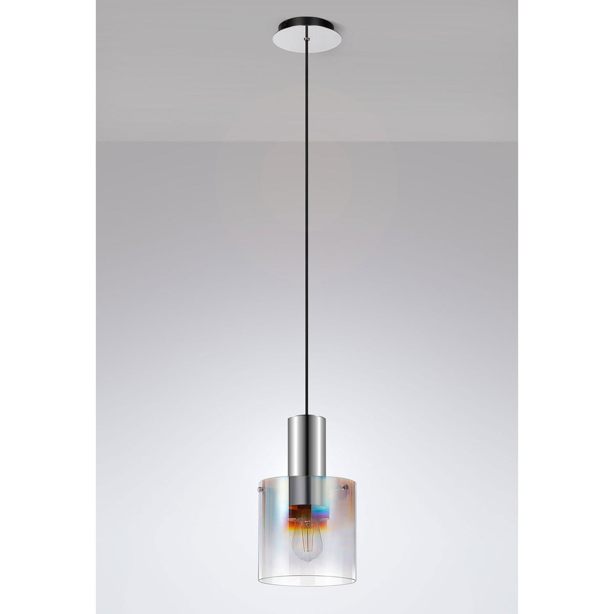 Belstone Single Drop Pendant in Polished Nickel & Black with Iridescent Fade Glass