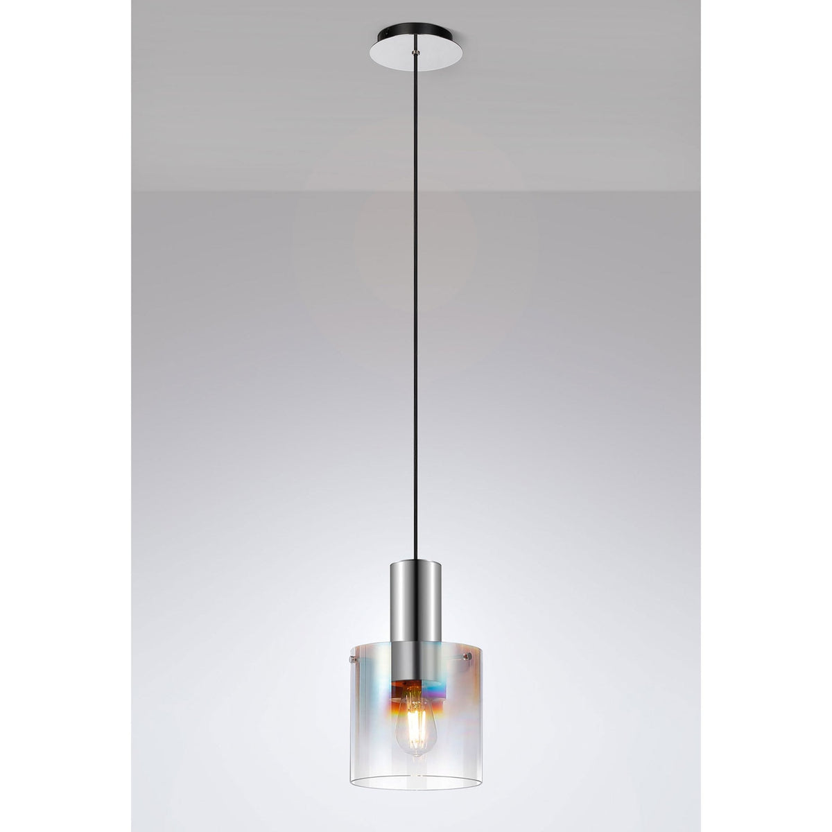 Belstone Single Drop Pendant in Polished Nickel & Black with Iridescent Fade Glass