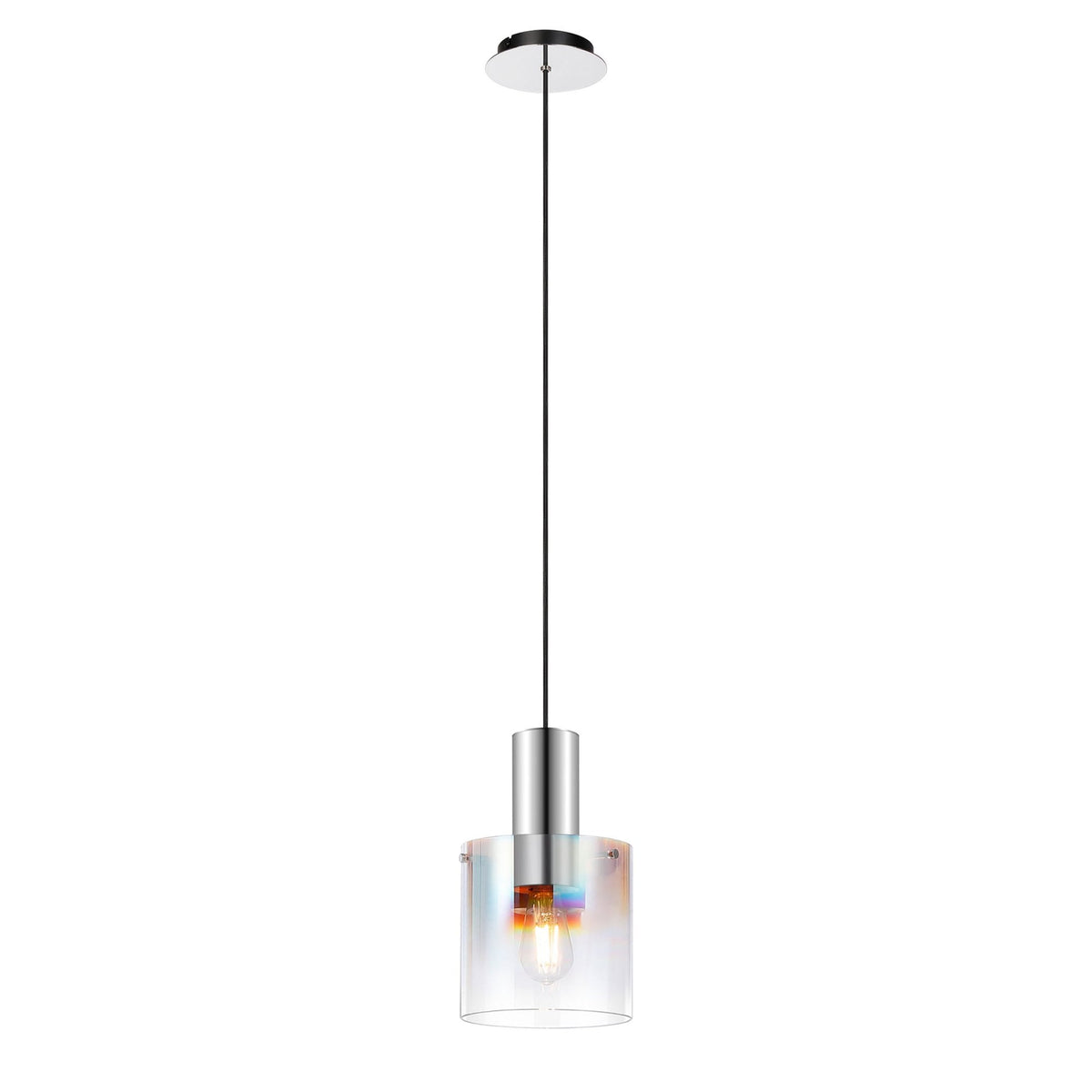 Belstone Single Drop Pendant in Polished Nickel & Black with Iridescent Fade Glass