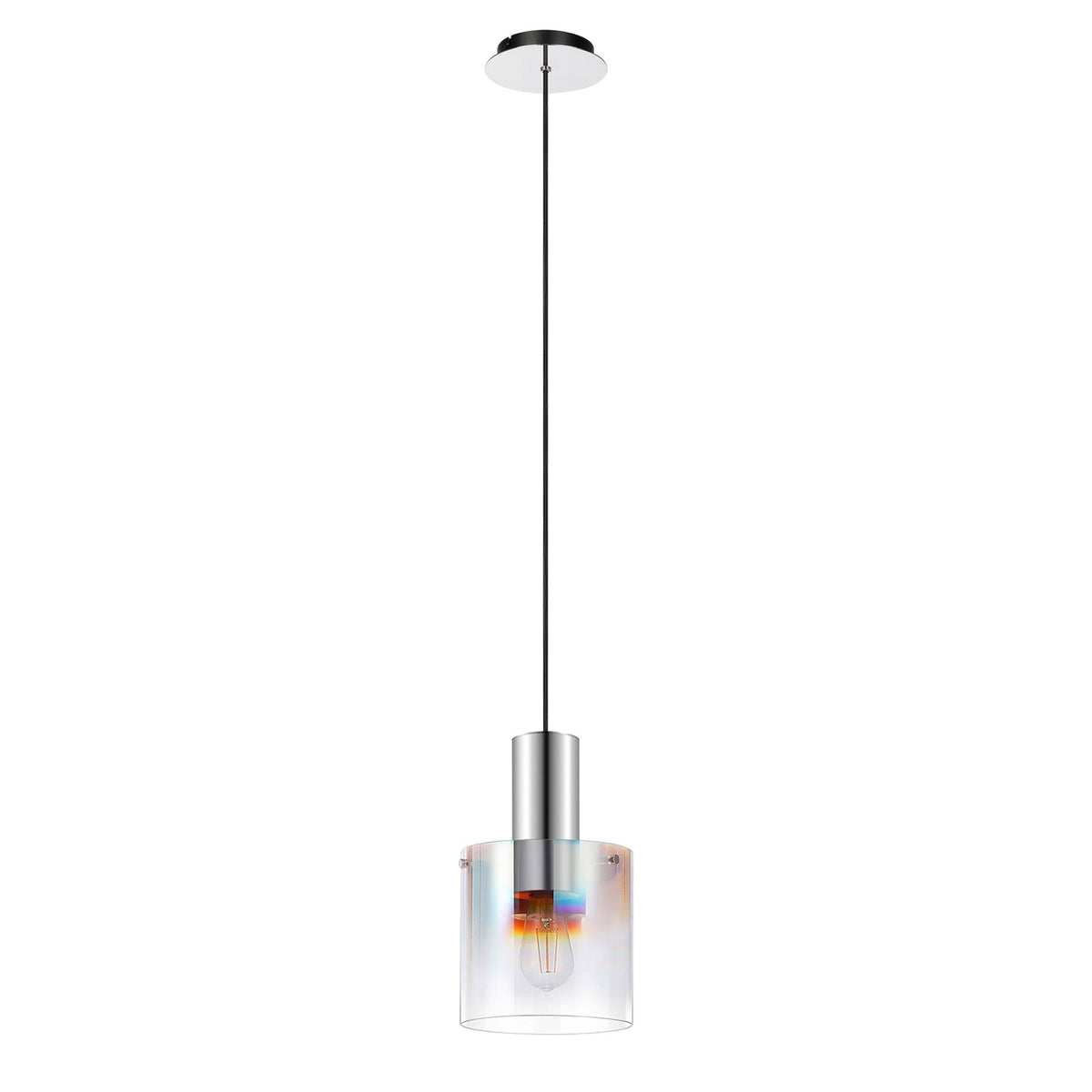 Belstone Single Drop Pendant in Polished Nickel & Black with Iridescent Fade Glass