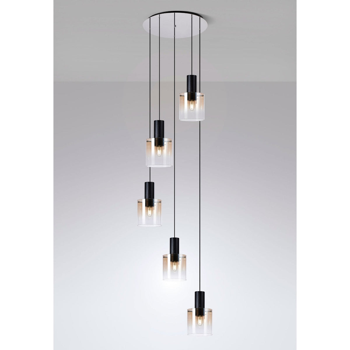 Belstone 5 Drop Round Pendant in Black & Chrome with Amber Fade Glass