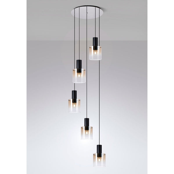 Belstone 5 Drop Round Pendant in Black & Chrome with Amber Fade Glass