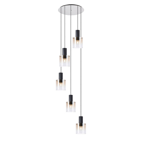 Belstone 5 Drop Round Pendant in Black & Chrome with Amber Fade Glass