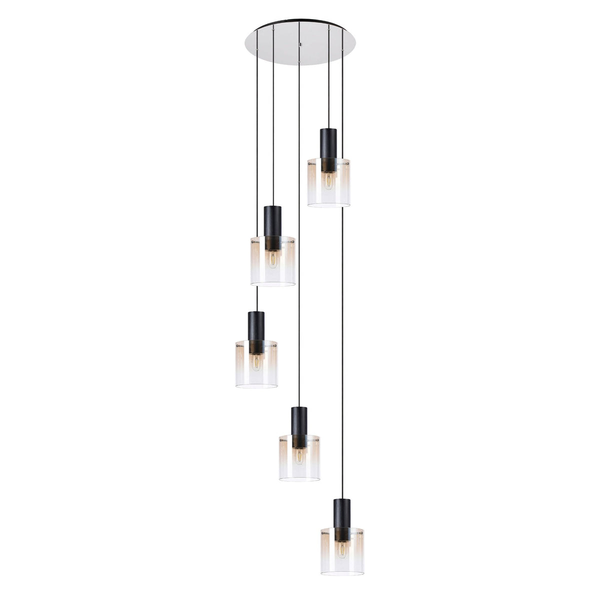 Belstone 5 Drop Round Pendant in Black & Chrome with Amber Fade Glass