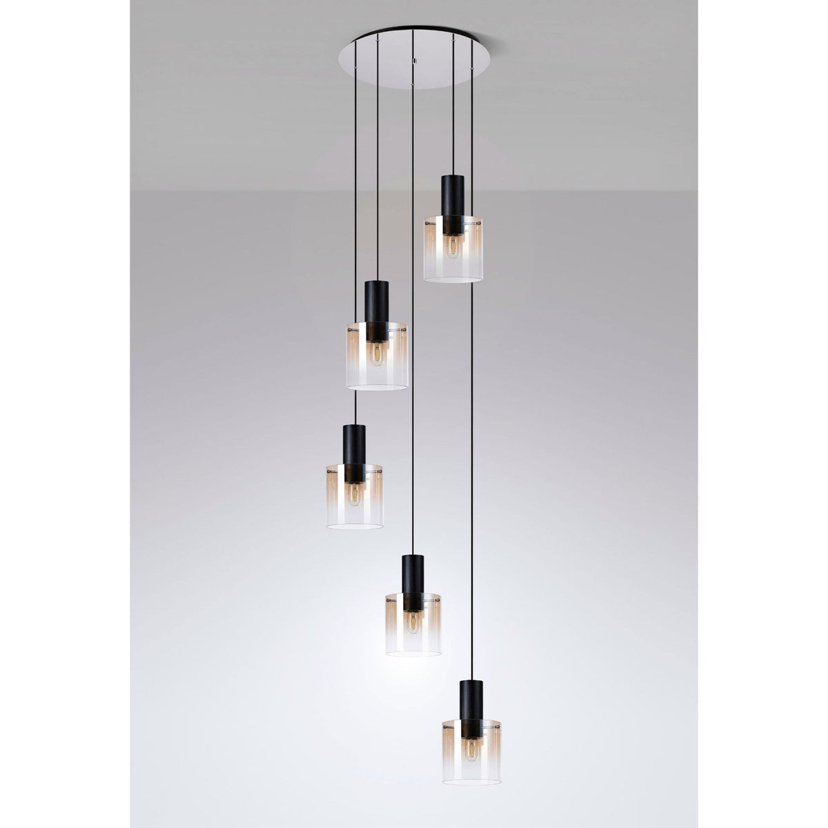 Belstone 5 Drop Round Pendant in Black & Chrome with Amber Fade Glass