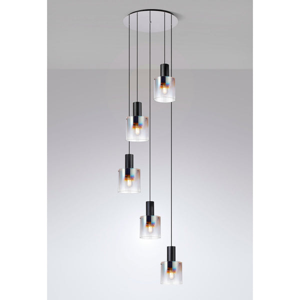 Belstone 5 Drop Round Pendant in Black & Chrome with Iridescent Fade Glass