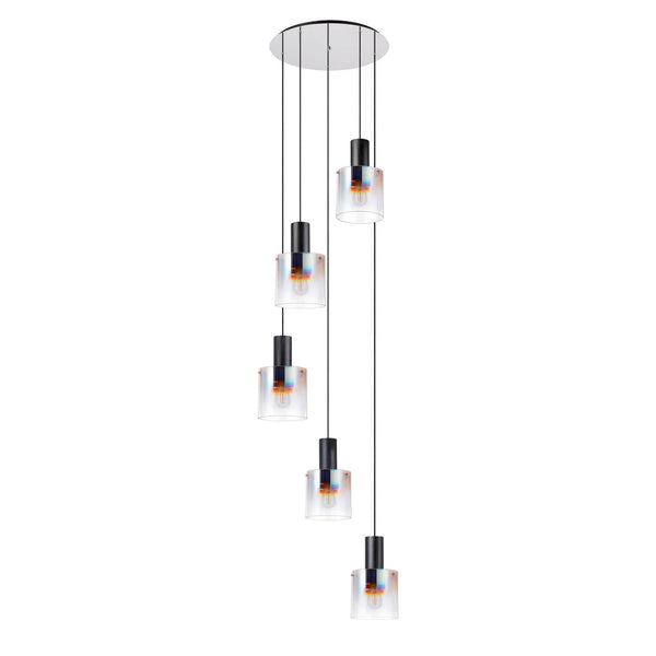 Belstone 5 Drop Round Pendant in Black & Chrome with Iridescent Fade Glass