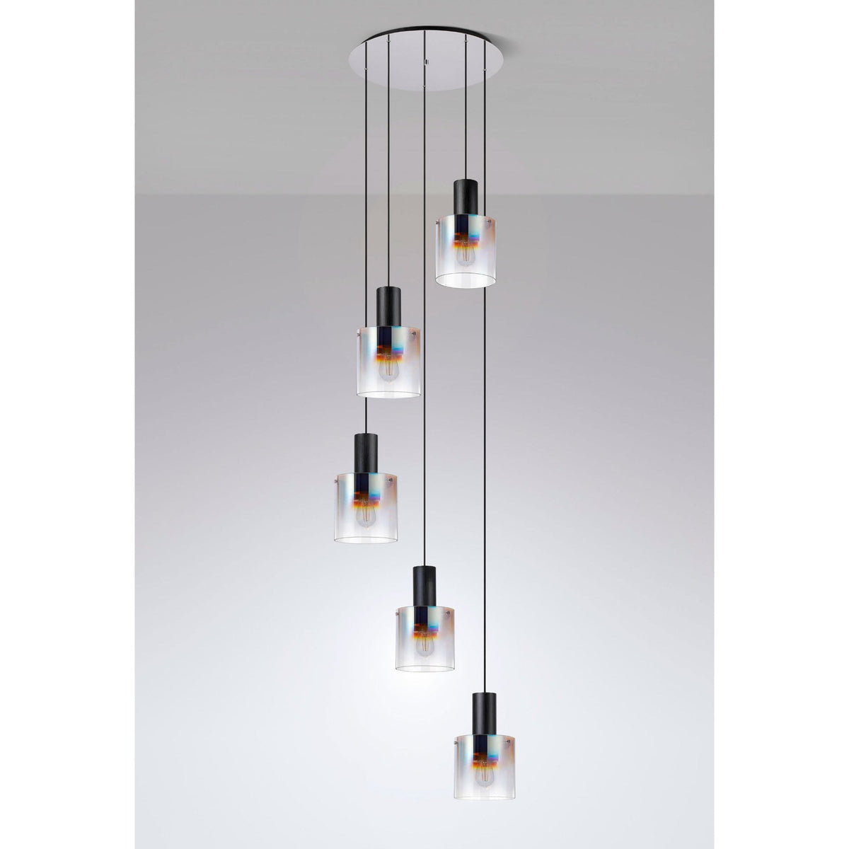 Belstone 5 Drop Round Pendant in Black & Chrome with Iridescent Fade Glass