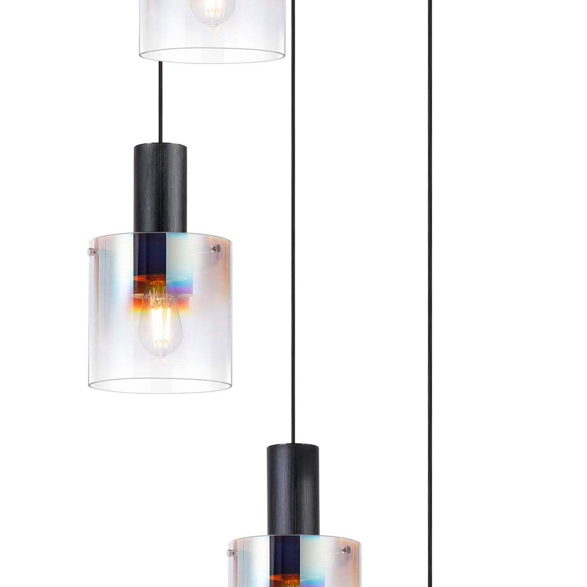 Belstone 5 Drop Round Pendant in Black & Chrome with Iridescent Fade Glass