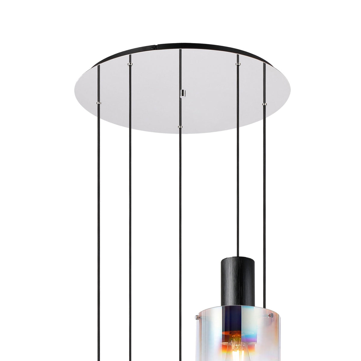 Belstone 5 Drop Round Pendant in Black & Chrome with Iridescent Fade Glass