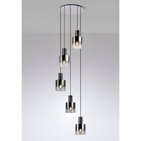 Belstone 5 Drop Round Pendant in Black & Chrome with Smoke Fade Glass