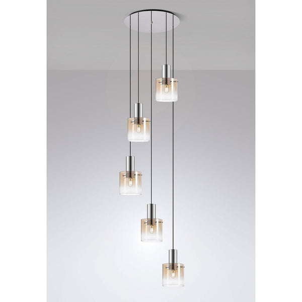 Belstone 5 Drop Round Pendant in Polished Nickel & Black with Amber Fade Glass