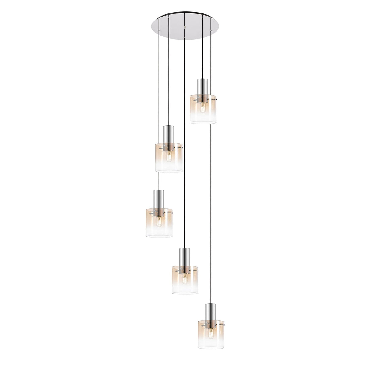 Belstone 5 Drop Round Pendant in Polished Nickel & Black with Amber Fade Glass