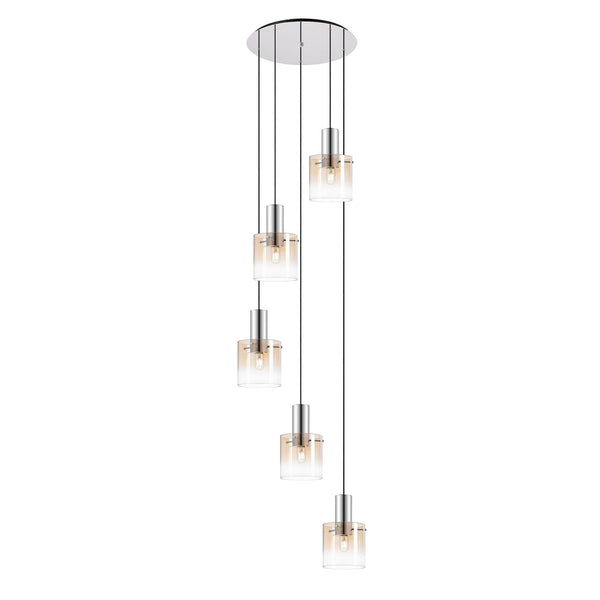 Belstone 5 Drop Round Pendant in Polished Nickel & Black with Amber Fade Glass