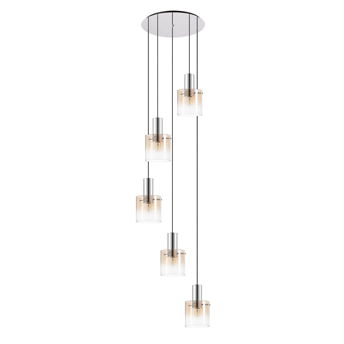 Belstone 5 Drop Round Pendant in Polished Nickel & Black with Amber Fade Glass