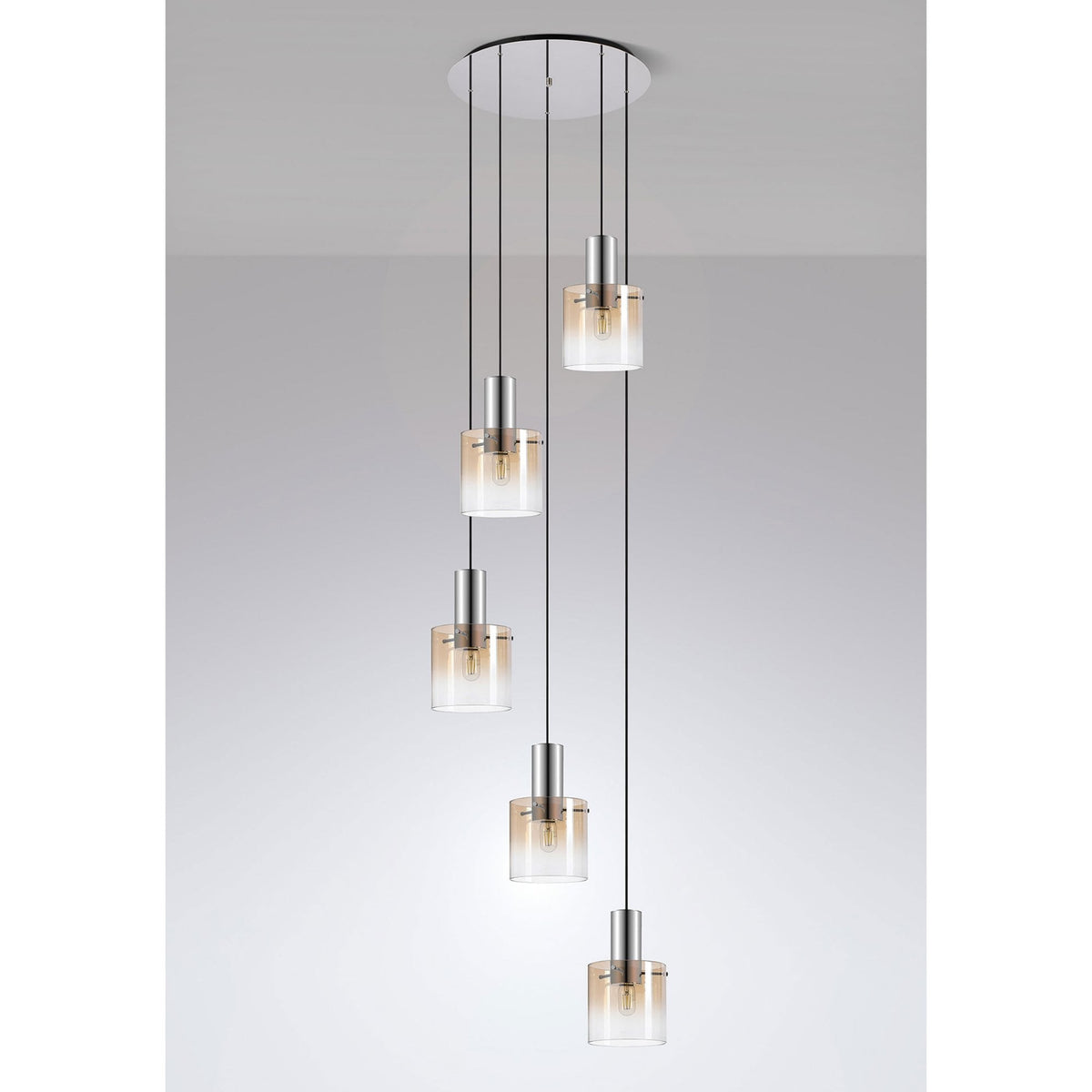 Belstone 5 Drop Round Pendant in Polished Nickel & Black with Amber Fade Glass