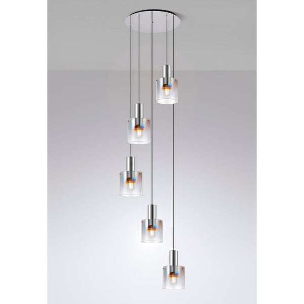 Belstone 5 Drop Round Pendant in Polished Nickel & Black with Iridescent Fade Glass