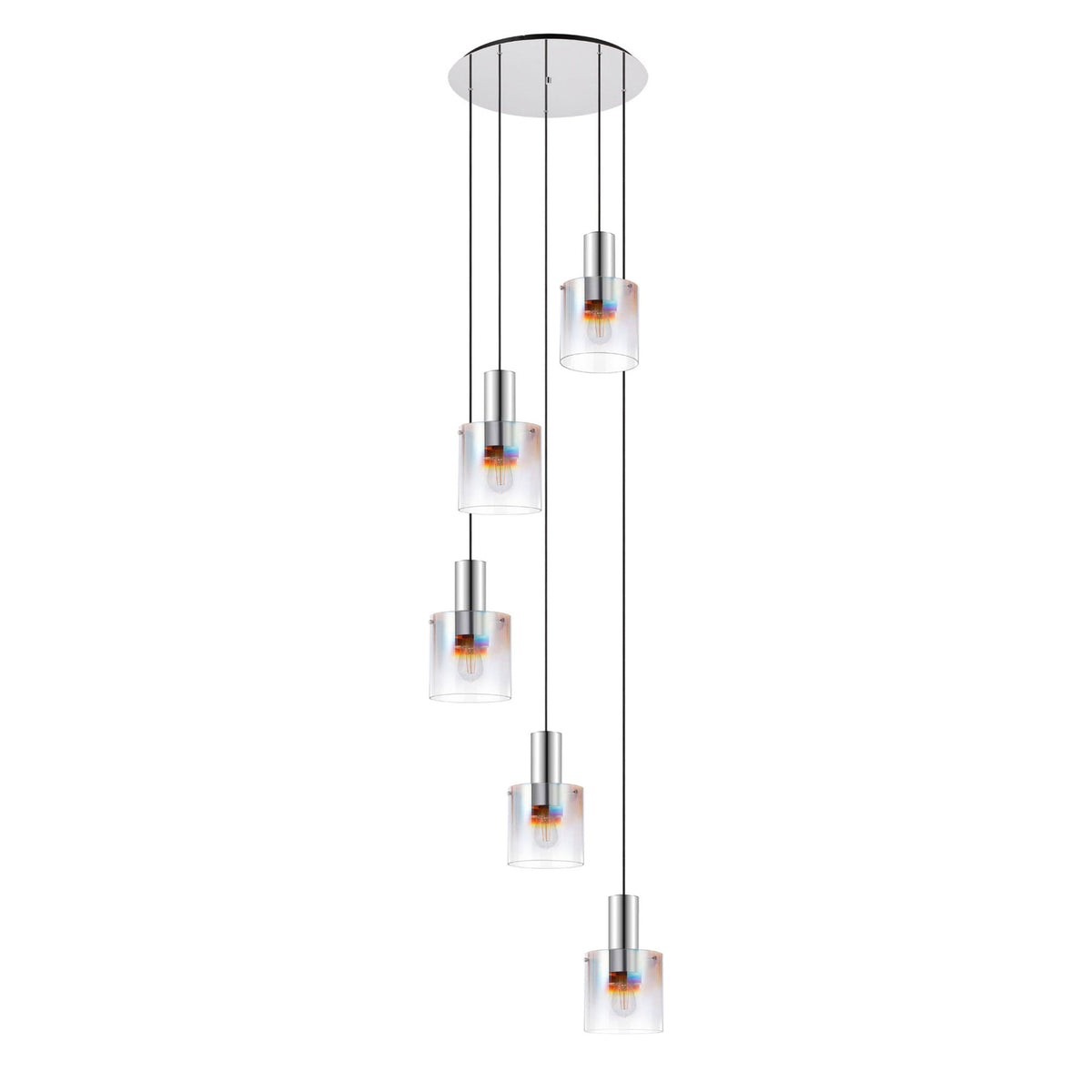 Belstone 5 Drop Round Pendant in Polished Nickel & Black with Iridescent Fade Glass