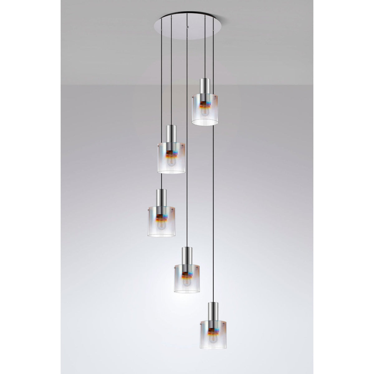 Belstone 5 Drop Round Pendant in Polished Nickel & Black with Iridescent Fade Glass