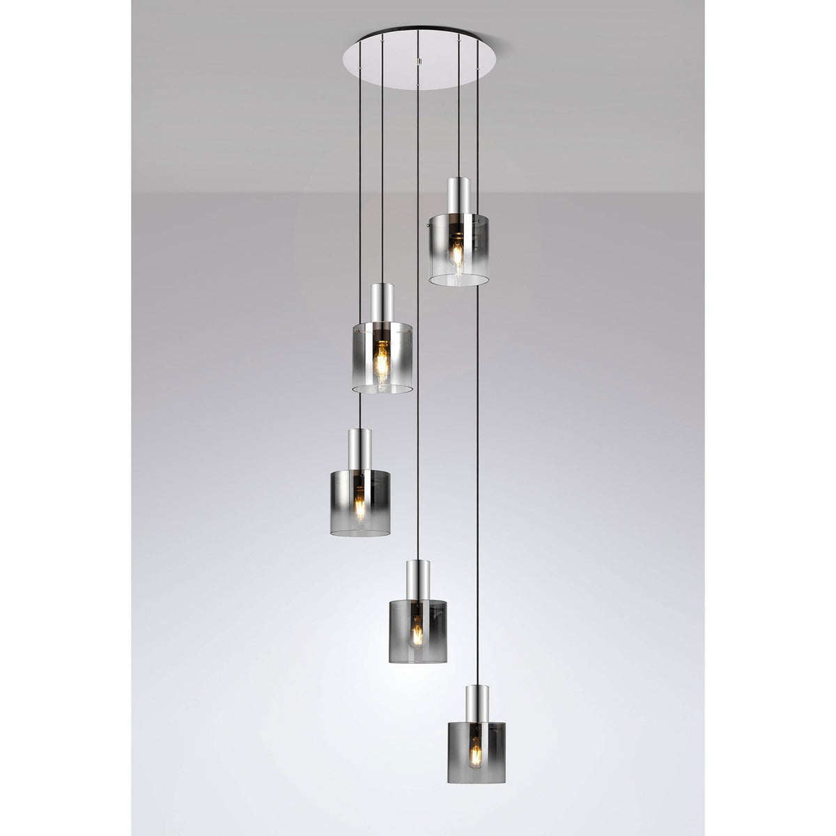 Belstone 5 Drop Round Pendant in Polished Nickel & Black with Smoke Fade Glass