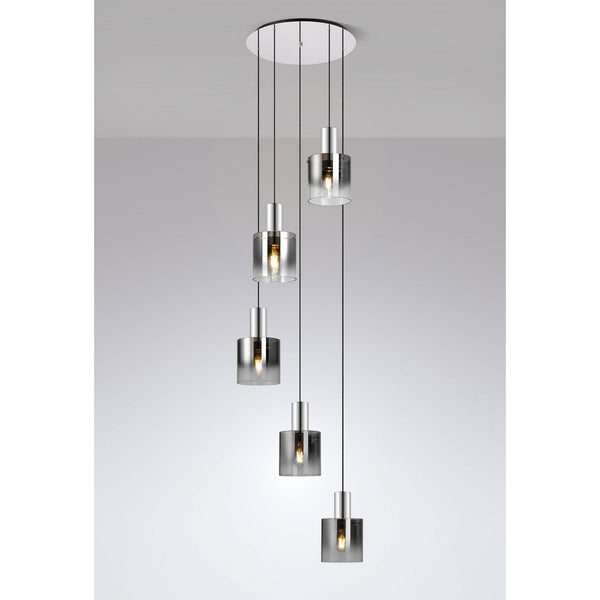 Belstone 5 Drop Round Pendant in Polished Nickel & Black with Smoke Fade Glass