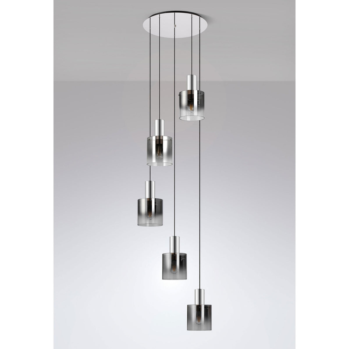 Belstone 5 Drop Round Pendant in Polished Nickel & Black with Smoke Fade Glass