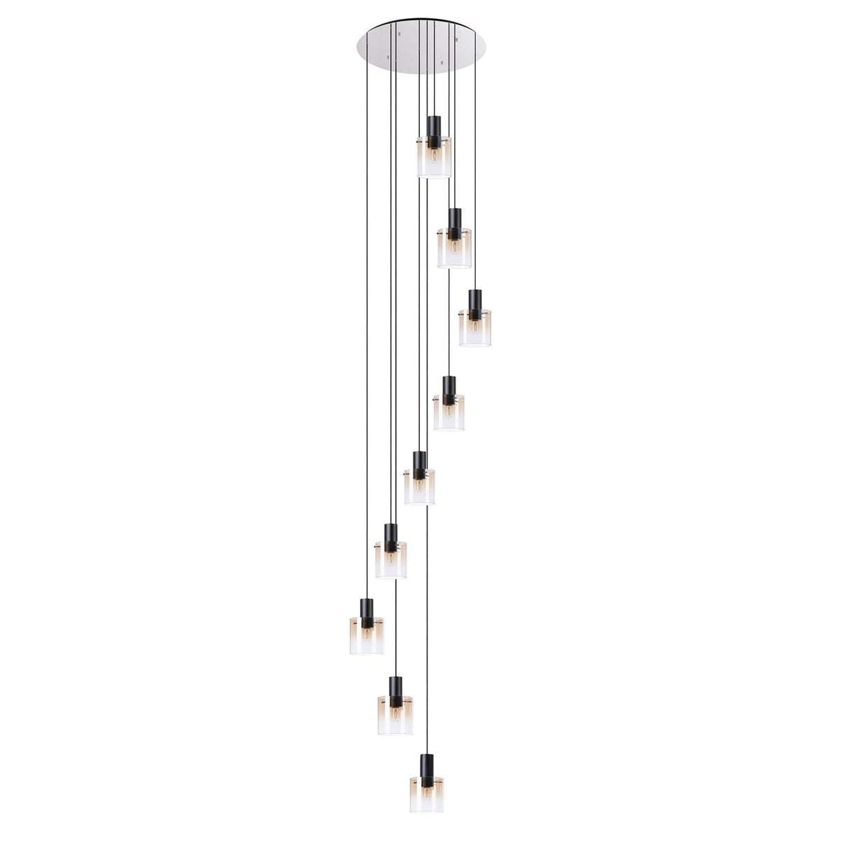 Belstone 9 Drop Round Pendant in Black & Chrome with Amber Fade Glass